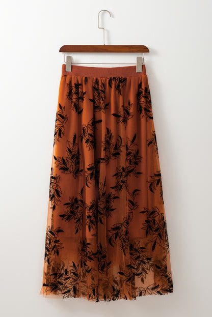 Gold Flame Floral Leaves Embroidered High Waist Maxi Skirt - Bagged Store