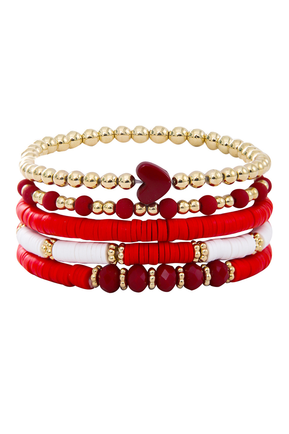 Fiery Red Heart Beaded Multi Layered Elastic Bracelet Set - Bagged Store