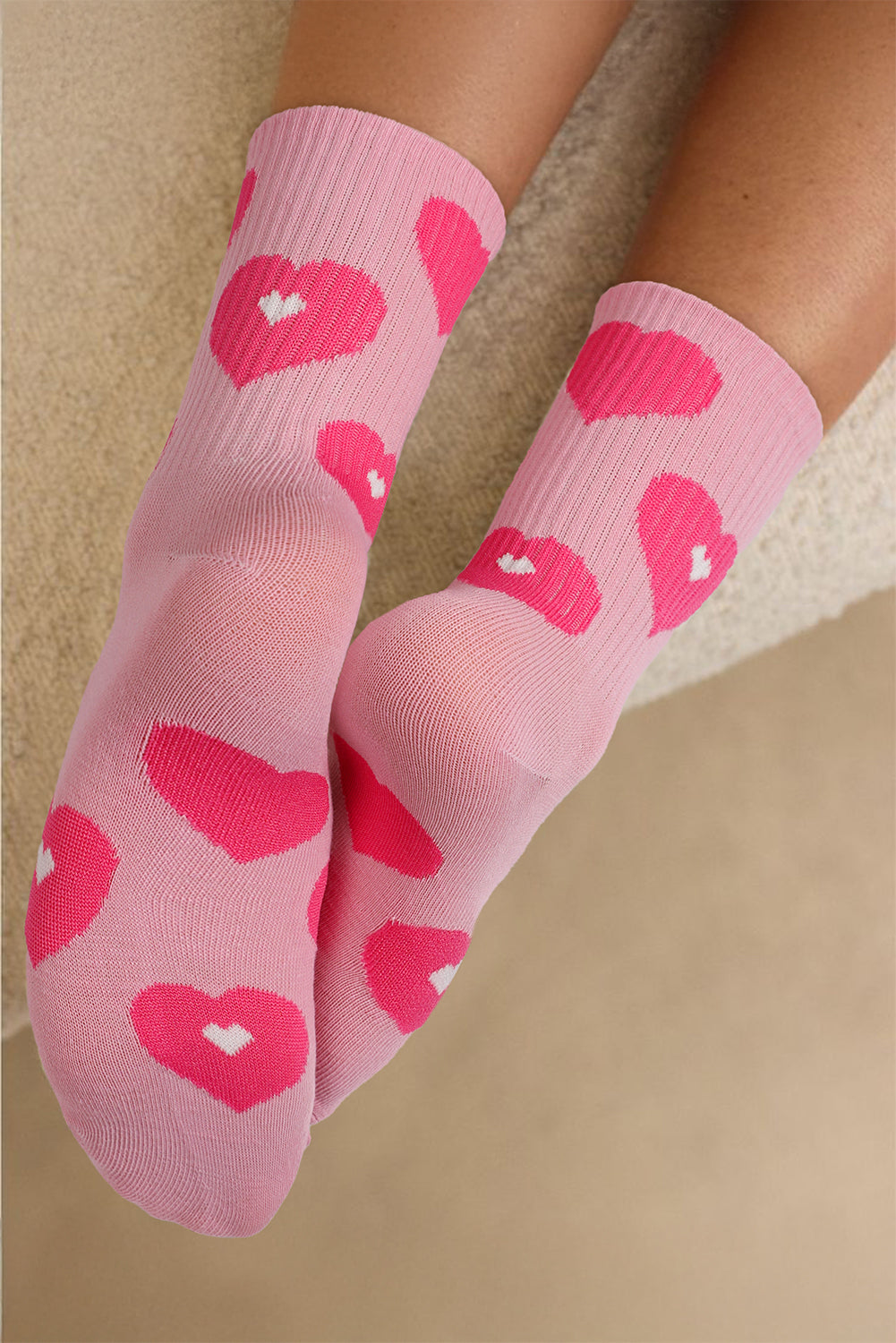 Light Pink Heart Print Ribbed Trim Soft Crew Socks - Bagged Store