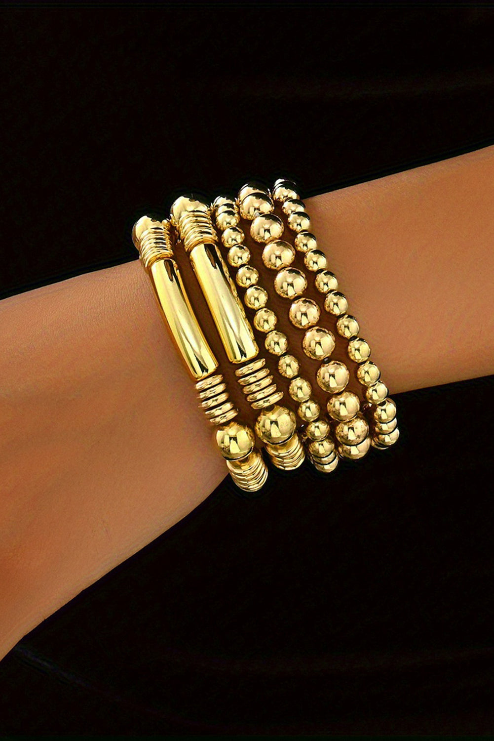 Gold Layered Plated Alloy Beaded Elastic Bracelet Set - Bagged Store