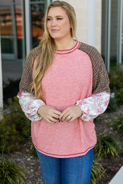 Pink Checkered Paisley Patchwork Raglan Sleeve Seamed Plus Size Top - Bagged Store