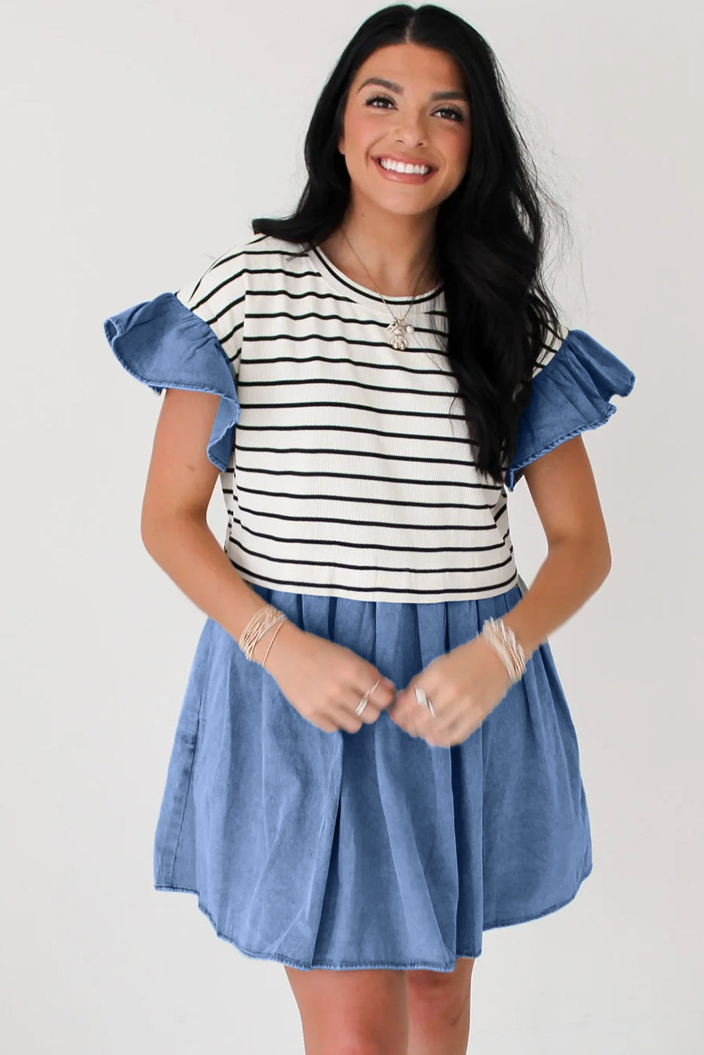 Black Stripe Ruffle Denim Patchwork Round Neck Mini Dress - Bagged Store