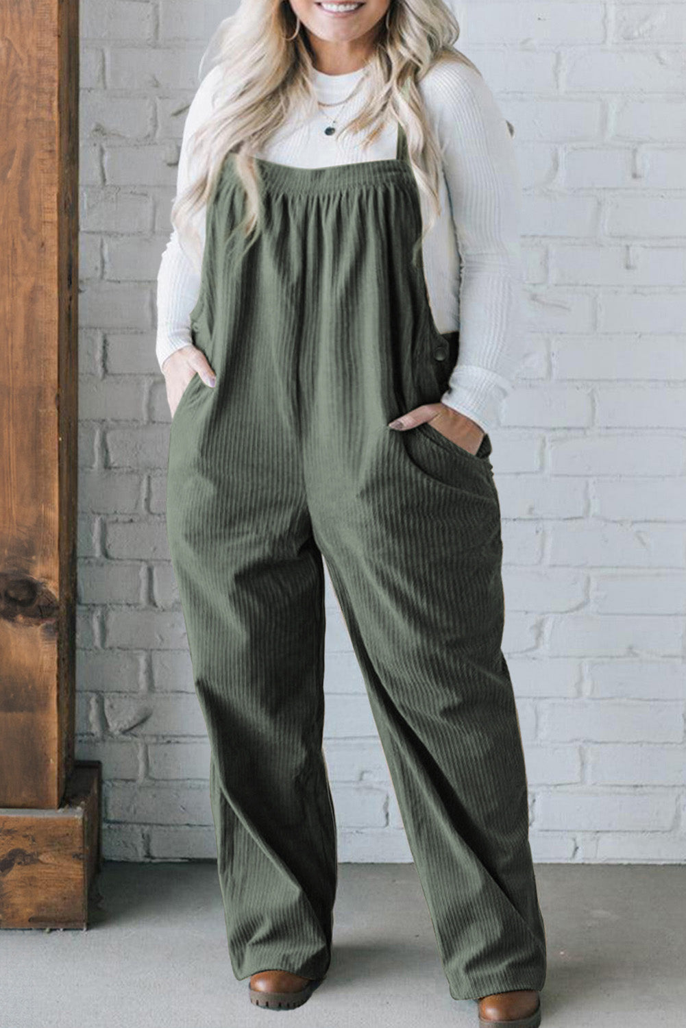 Jungle Green Plus Size Corduroy Pocketed Wide Leg Overall - Bagged Store