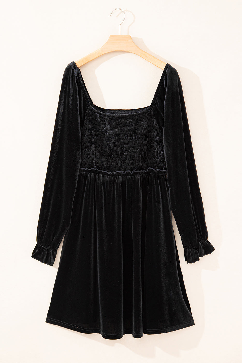 Black Velvet Flounce Sleeve Shirred Bodice Plus Babydoll Dress - Bagged Store