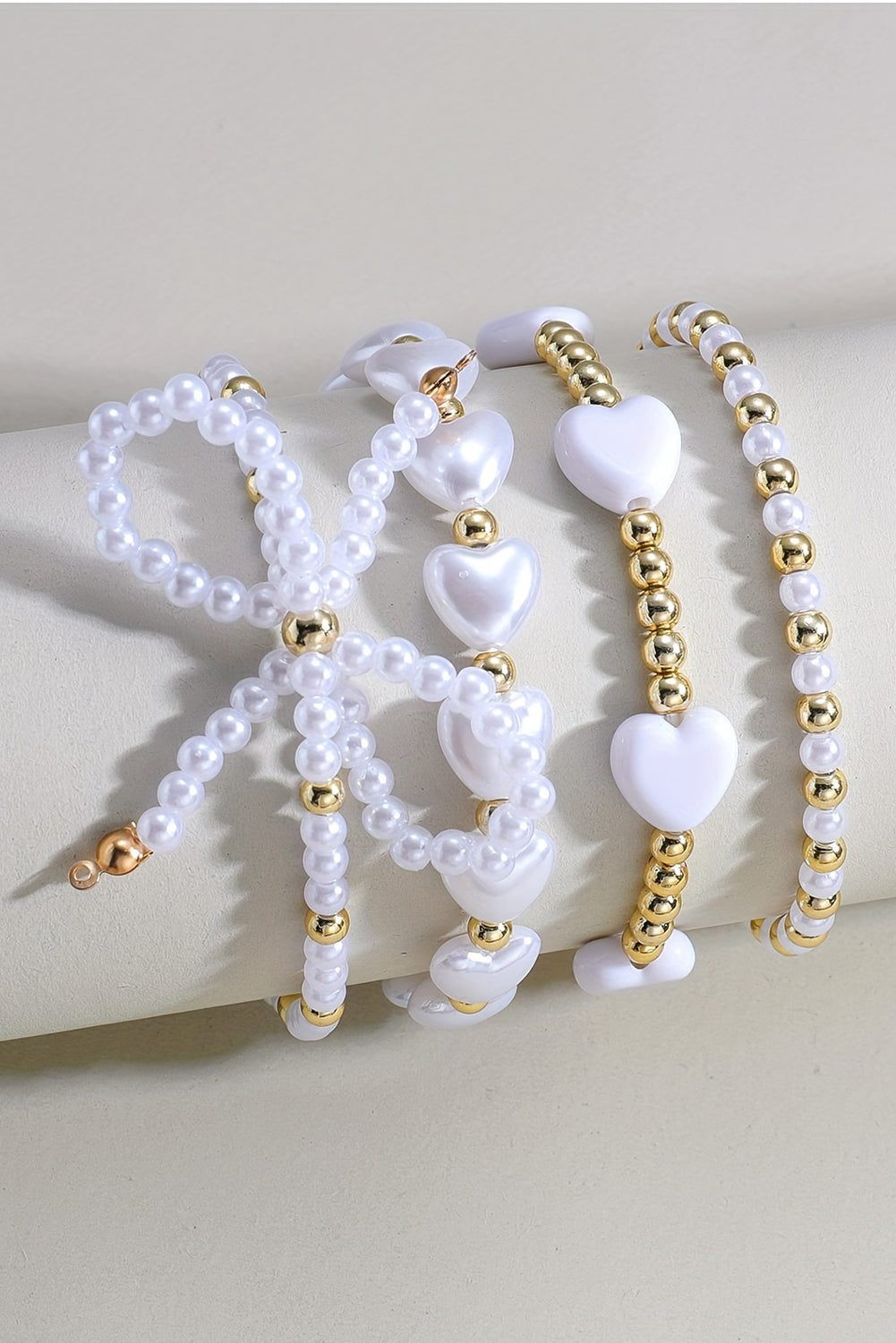 White Bow Knot Heart Shape Faux Pearl Beaded Bracelet Set - Bagged Store