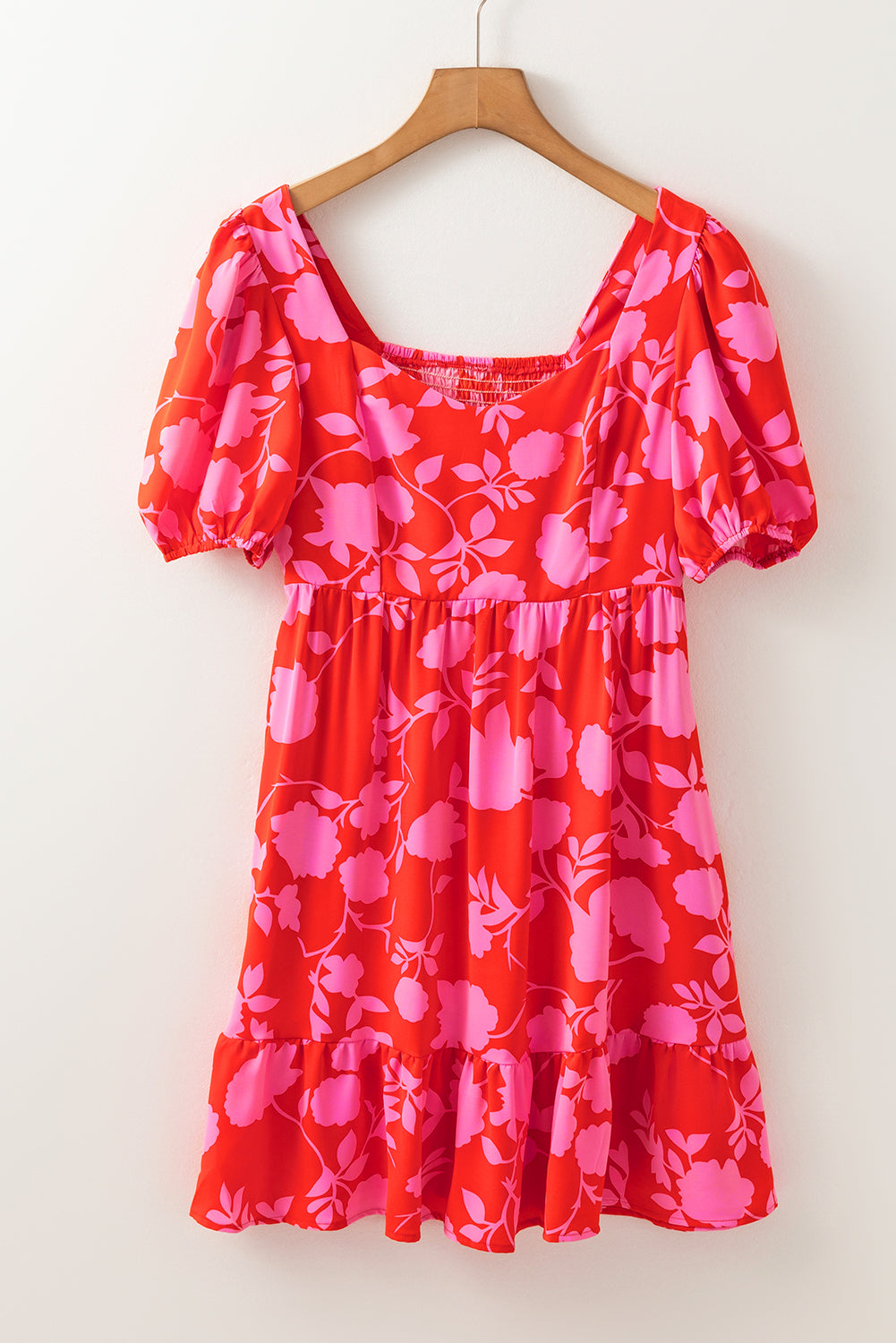 Red Floral Bubble Sleeve Sweetheart Neck Ruffled Mini Dress - Bagged Store