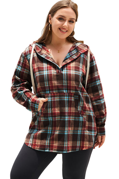 Fiery Red Plus Size Plaid Kangaroo Pocket Drawstring Hoodie - Bagged Store