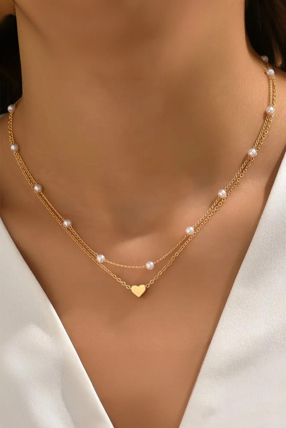 Gold Plated Heart and Pearl Detail 2pcs Layered Necklace - Bagged Store