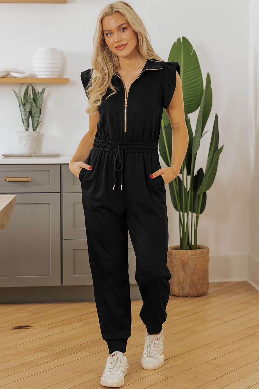 Black Zipper Flutter Sleeve Drawstring High Waist Jumpsuit - Bagged Store