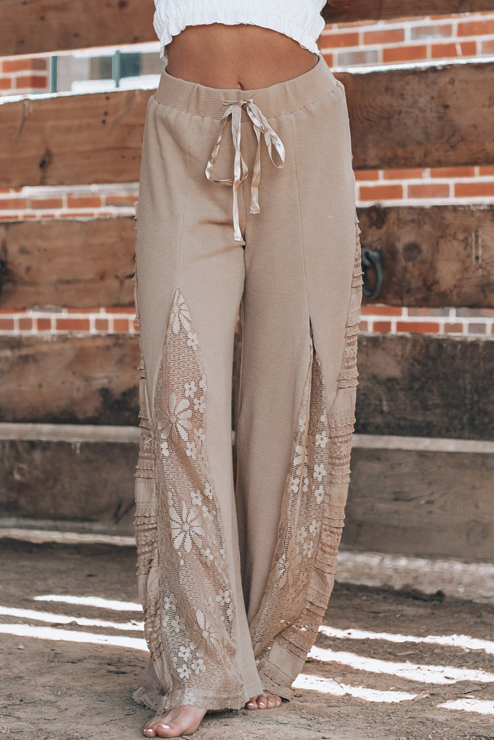 Smoke Gray Boho Lace Patchwork Wide Leg High Waist Pants - Bagged Store