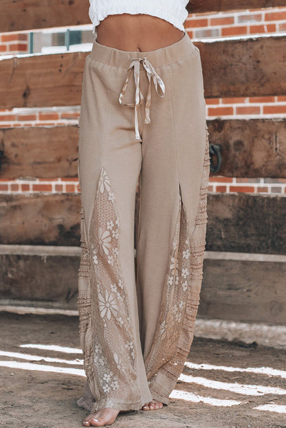 Smoke Gray Boho Lace Patchwork Wide Leg High Waist Pants - Bagged Store