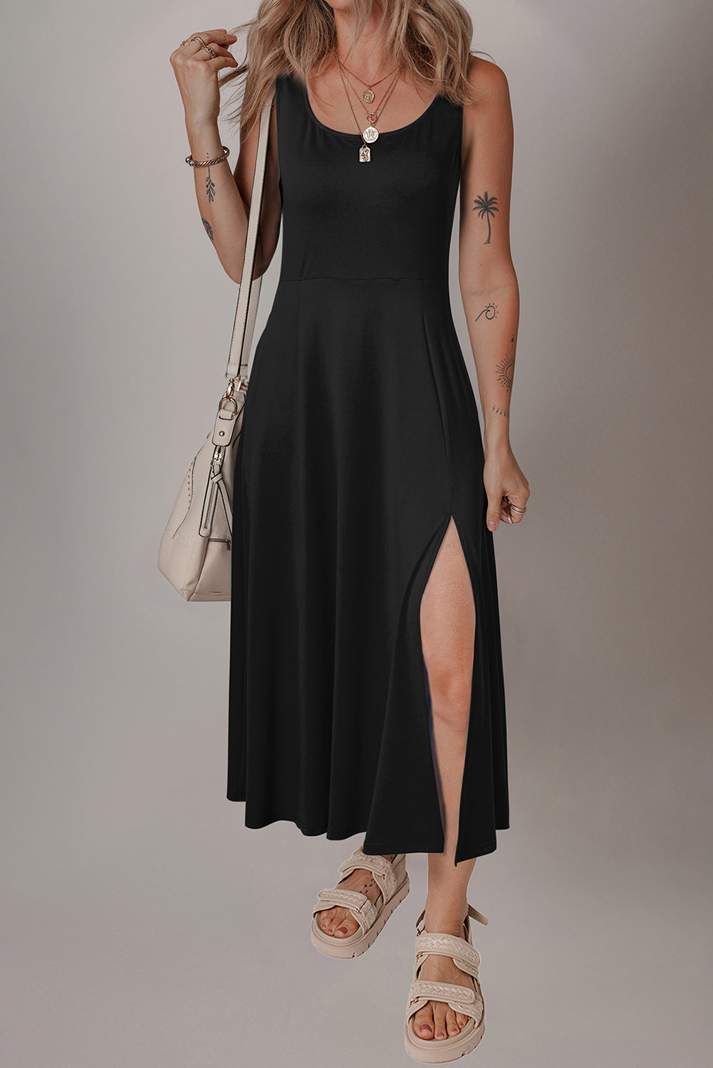 Black Sleeveless Scoop Neck Flared Split Midi Dress - Bagged Store