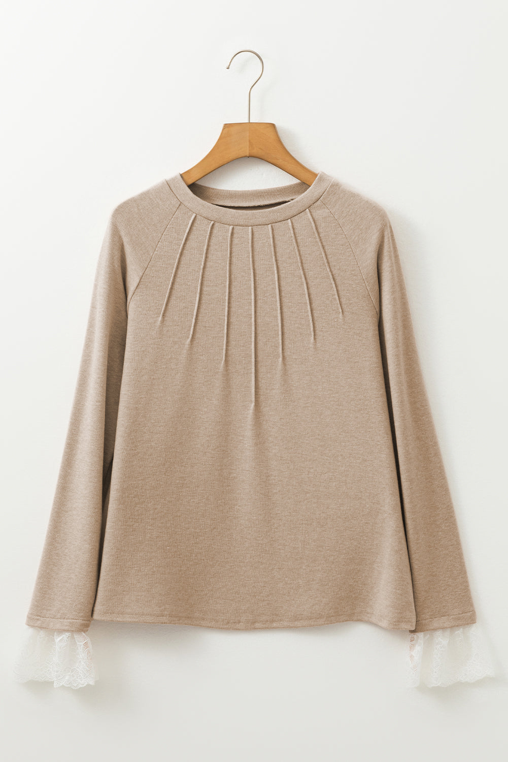 Parchment Seam Detail Lace Contrast Cuffs Raglan Sleeve Top - Bagged Store