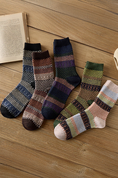 Brown Boho Checkered Pattern Soft Crew Socks Set - Bagged Store