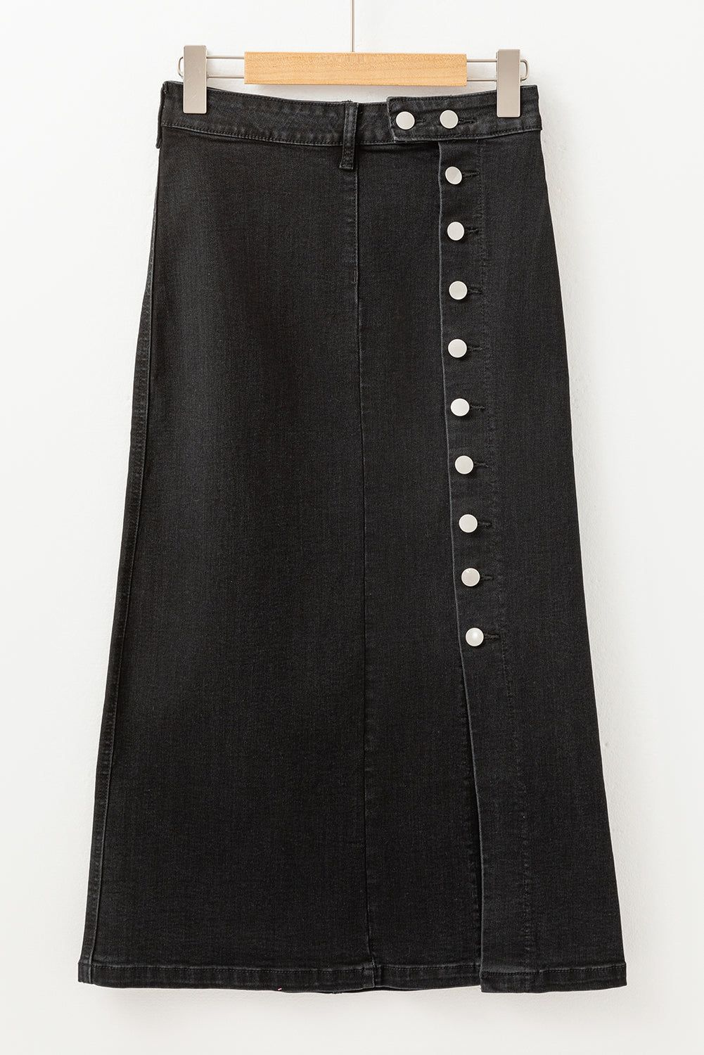 Black Button Fly Side Split High Waist Denim Midi Skirt - Bagged Store