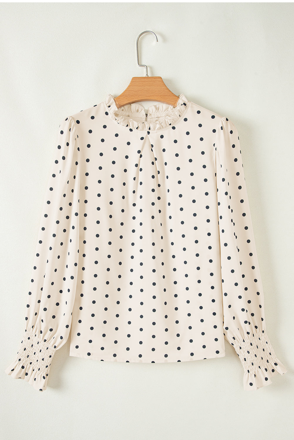 Apricot Polka Dot Print Frilled Collar Lantern Sleeve Blouse - Bagged Store