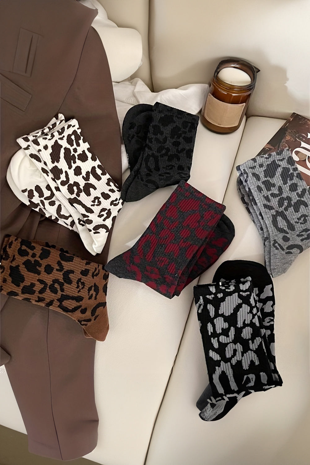 Chestnut Leopard Print Ribbed Crew Socks - Bagged Store