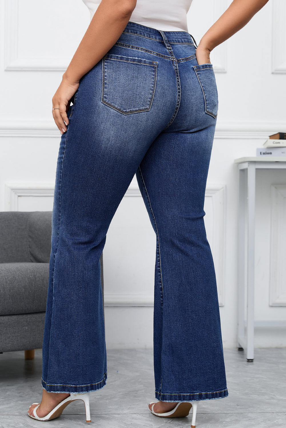 Dark Blue Plus Size Stitching Washed Flare Jeans - Bagged Store