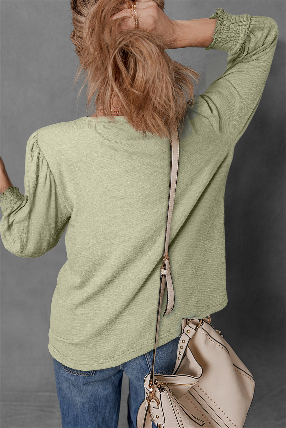 Laurel Green Textured Round Neck Half Sleeve Blouse - Bagged Store