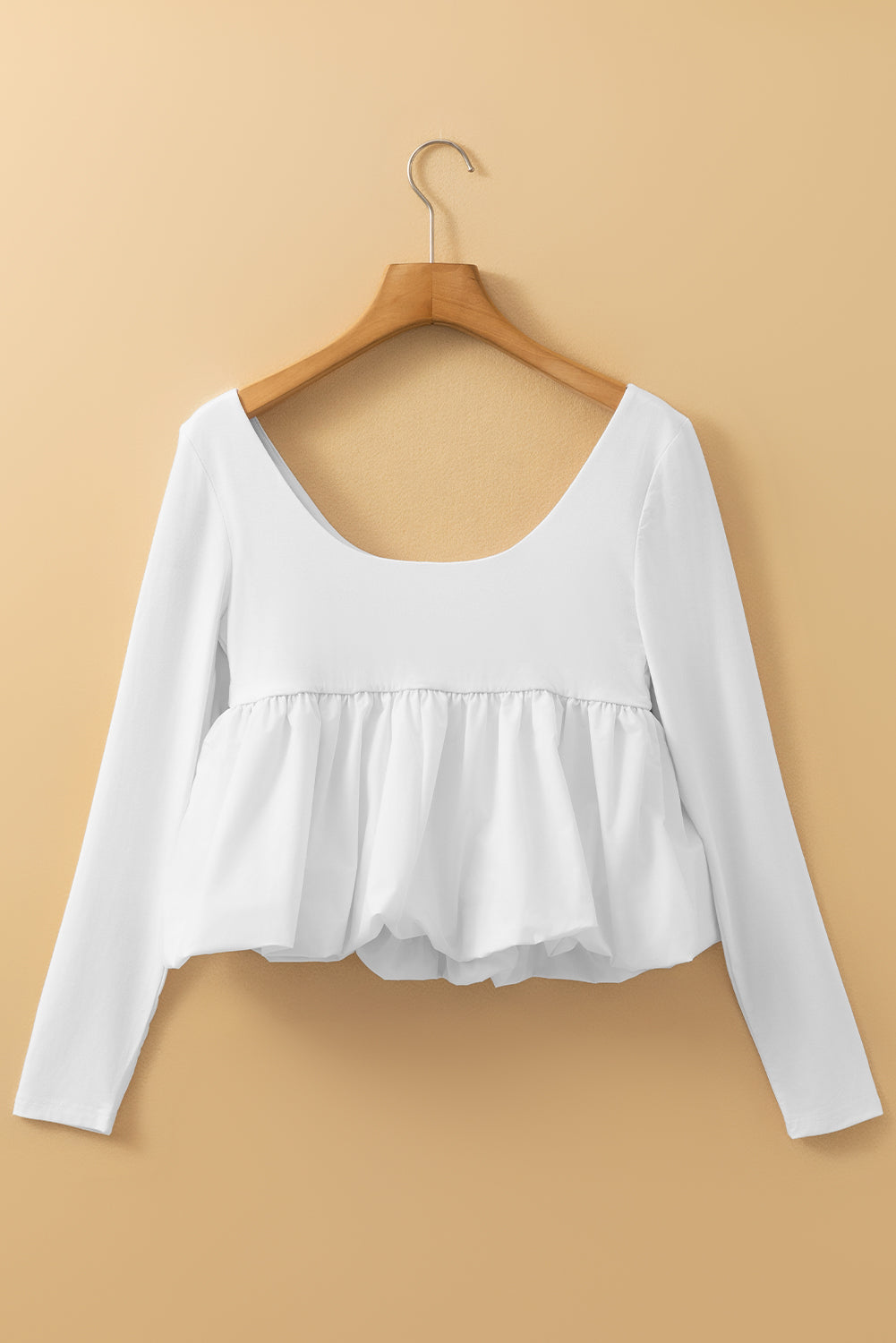 White U Neck Long Sleeve Bubble Hem Top - Bagged Store