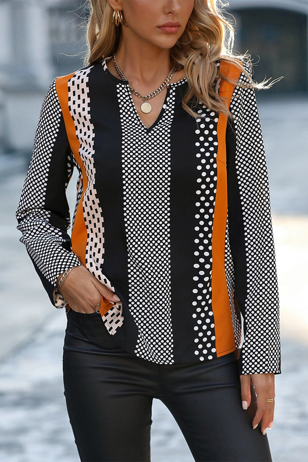 Orange Geo Print Colorblock Notched V Neck Blouse - Bagged Store