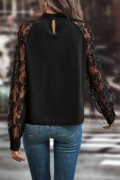 Black Keyhole Neckline Floral Lace Raglan Sleeve Blouse - Bagged Store