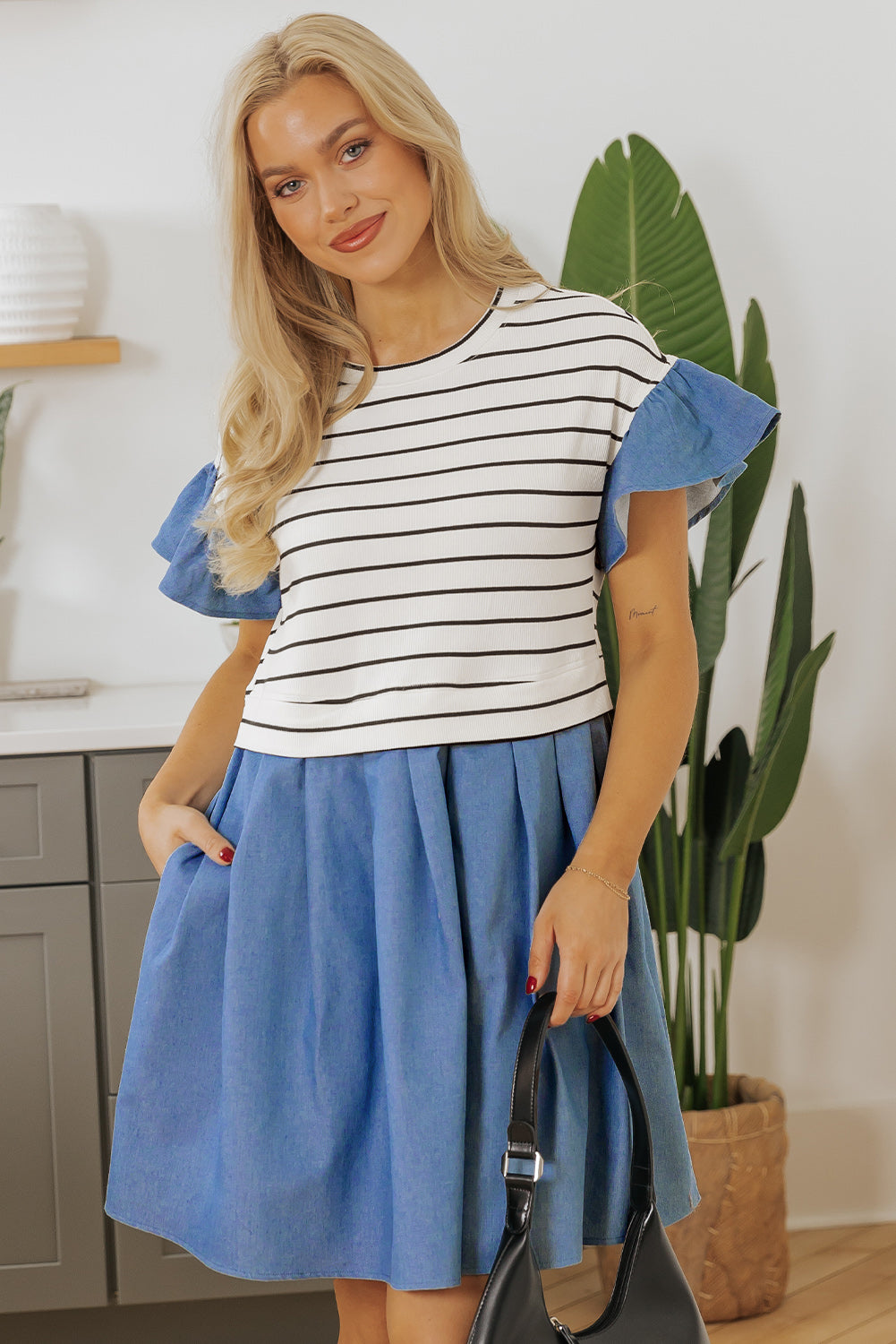 Black Stripe Ruffle Denim Patchwork Round Neck Mini Dress - Bagged Store