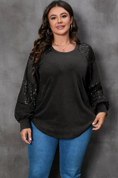 Black Plus Size Sequin Patchwork Crew Neck Long Sleeve Top - Bagged Store