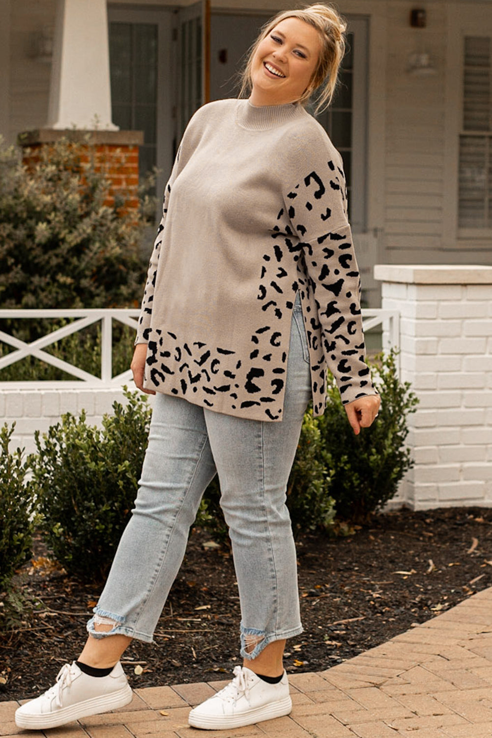 Khaki Plus Size Leopard Patchwork High Neck Sweater - Bagged Store