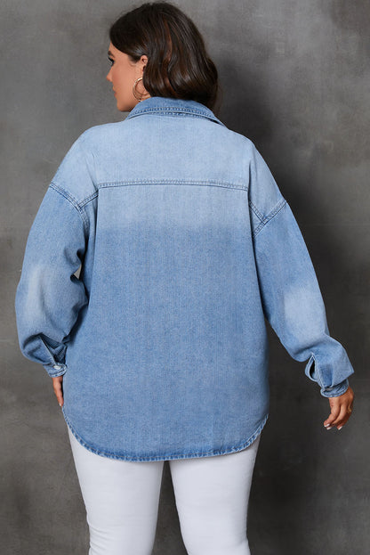 Sky Blue Plus Size Chest Pocket Button-Up Denim Shacket - Bagged Store