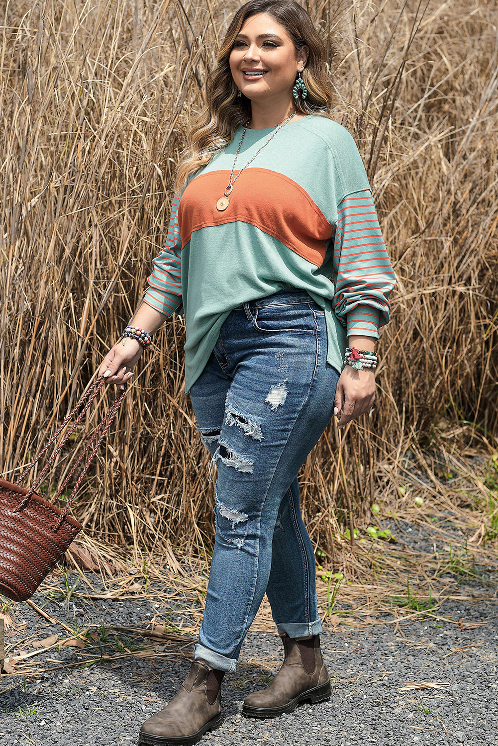 Green Plus Size Striped Long Sleeve Colorblock Tee with Slits - Bagged Store