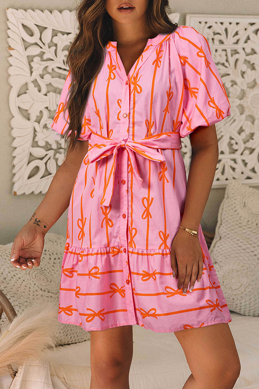 Pink Bowknot Striped Printed Bubble Sleeve Buttoned Belted Mini Dress - Bagged Store