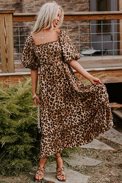 Brown Leopard Print Bubble Sleeve Square Neck Maxi Dress - Bagged Store