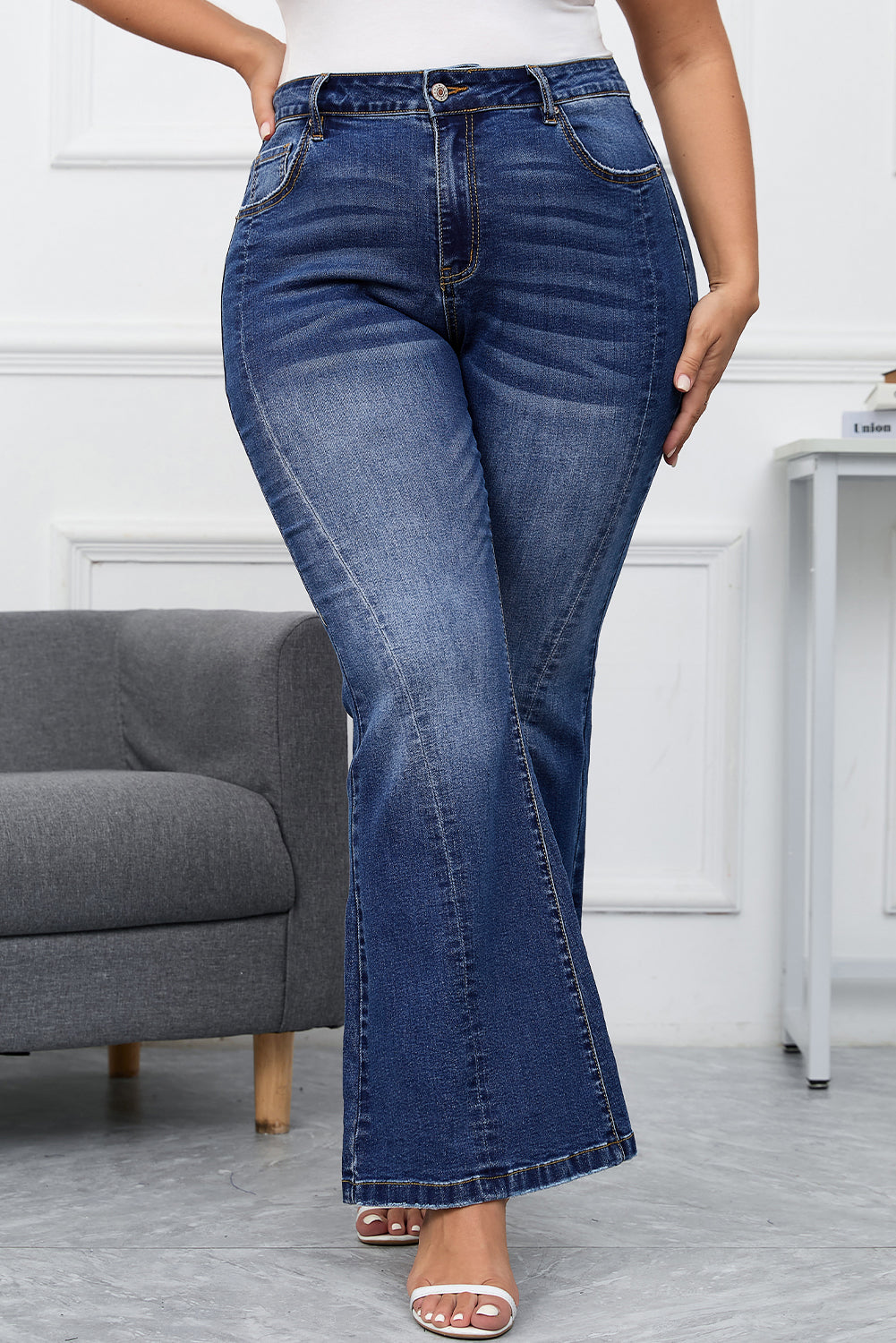 Dark Blue Plus Size Stitching Washed Flare Jeans - Bagged Store