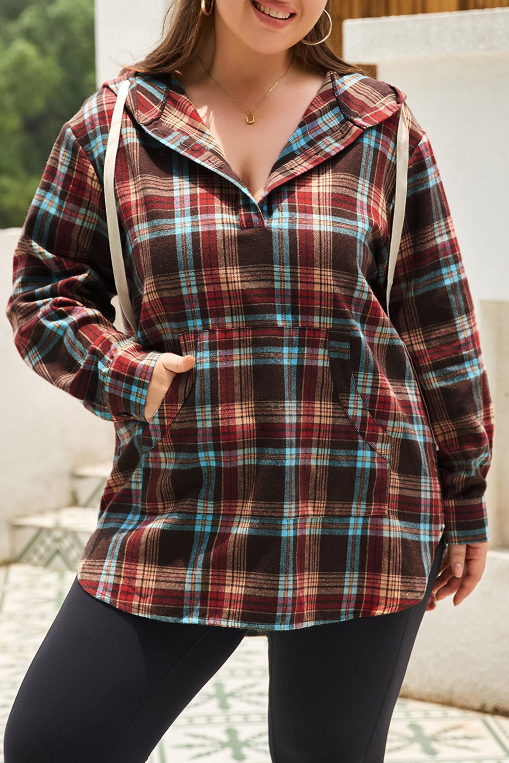 Fiery Red Plus Size Plaid Kangaroo Pocket Drawstring Hoodie - Bagged Store