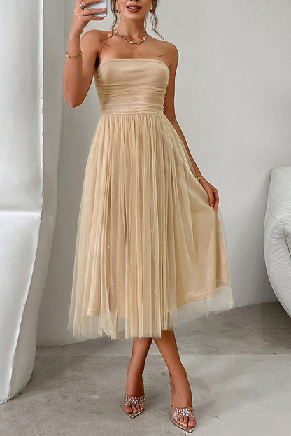 Apricot Starry Strapless Mesh Tulle High Waist Evening Dress - Bagged Store