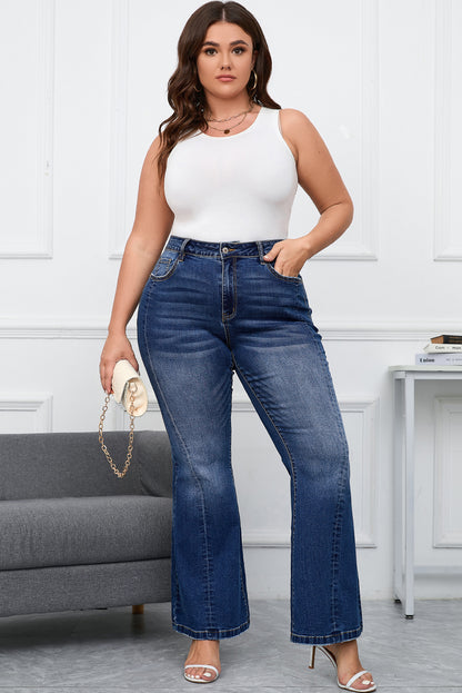 Dark Blue Plus Size Stitching Washed Flare Jeans - Bagged Store