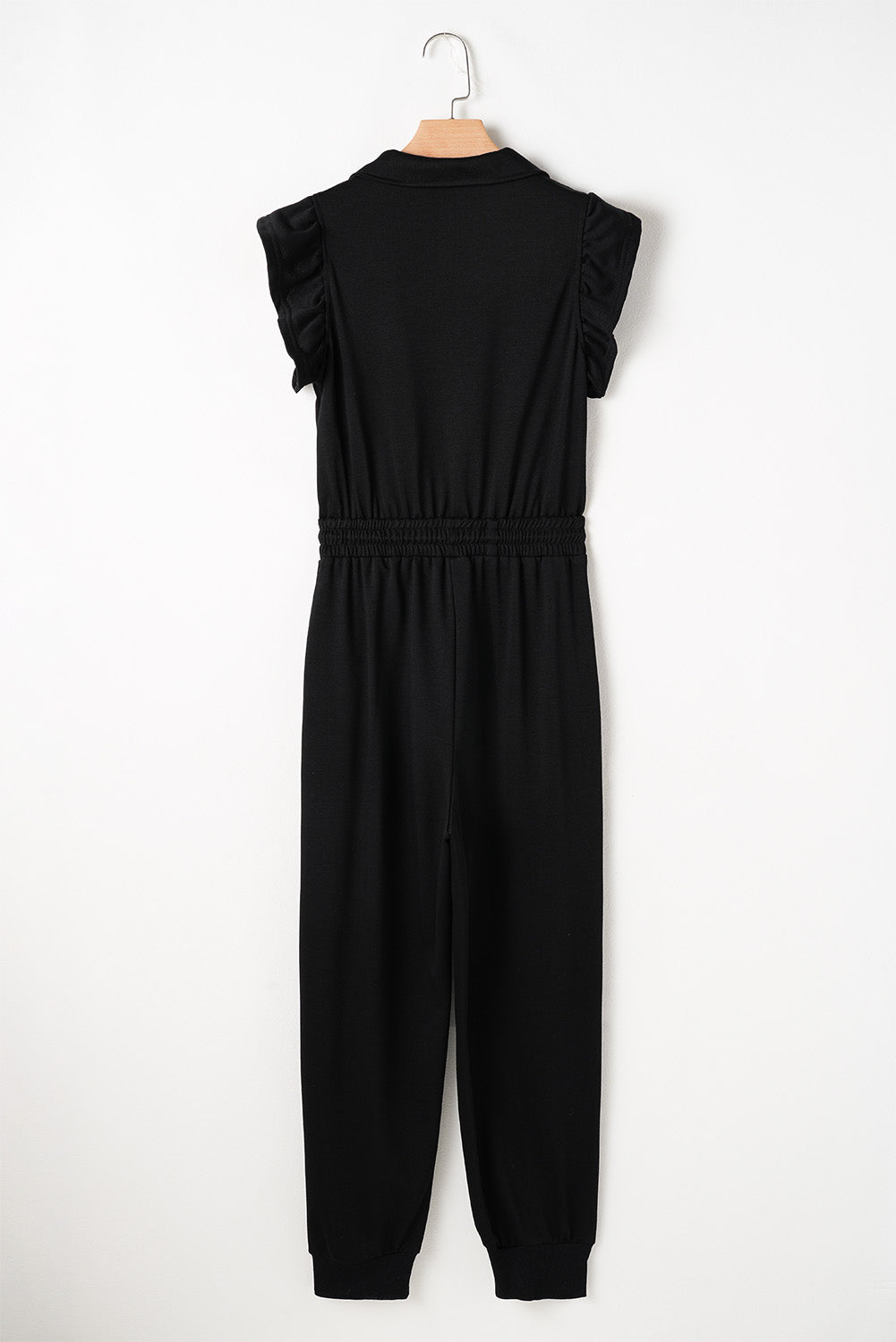 Black Zipper Flutter Sleeve Drawstring High Waist Jumpsuit - Bagged Store