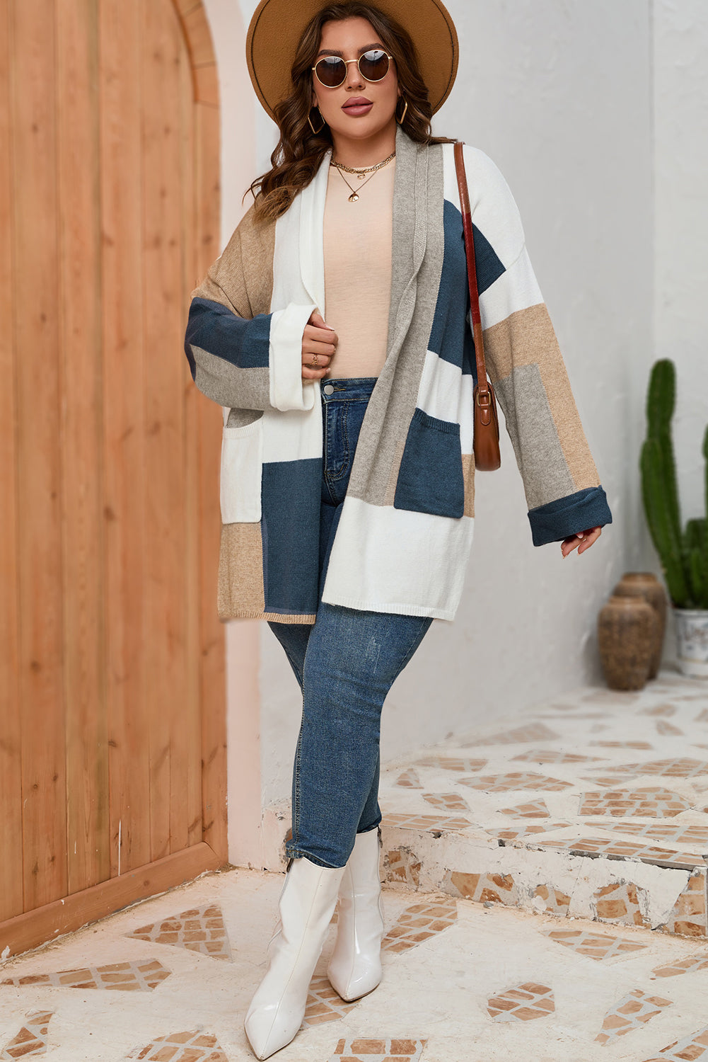 Multicolor Plus Size Colorblock Knit Cardigan - Bagged Store