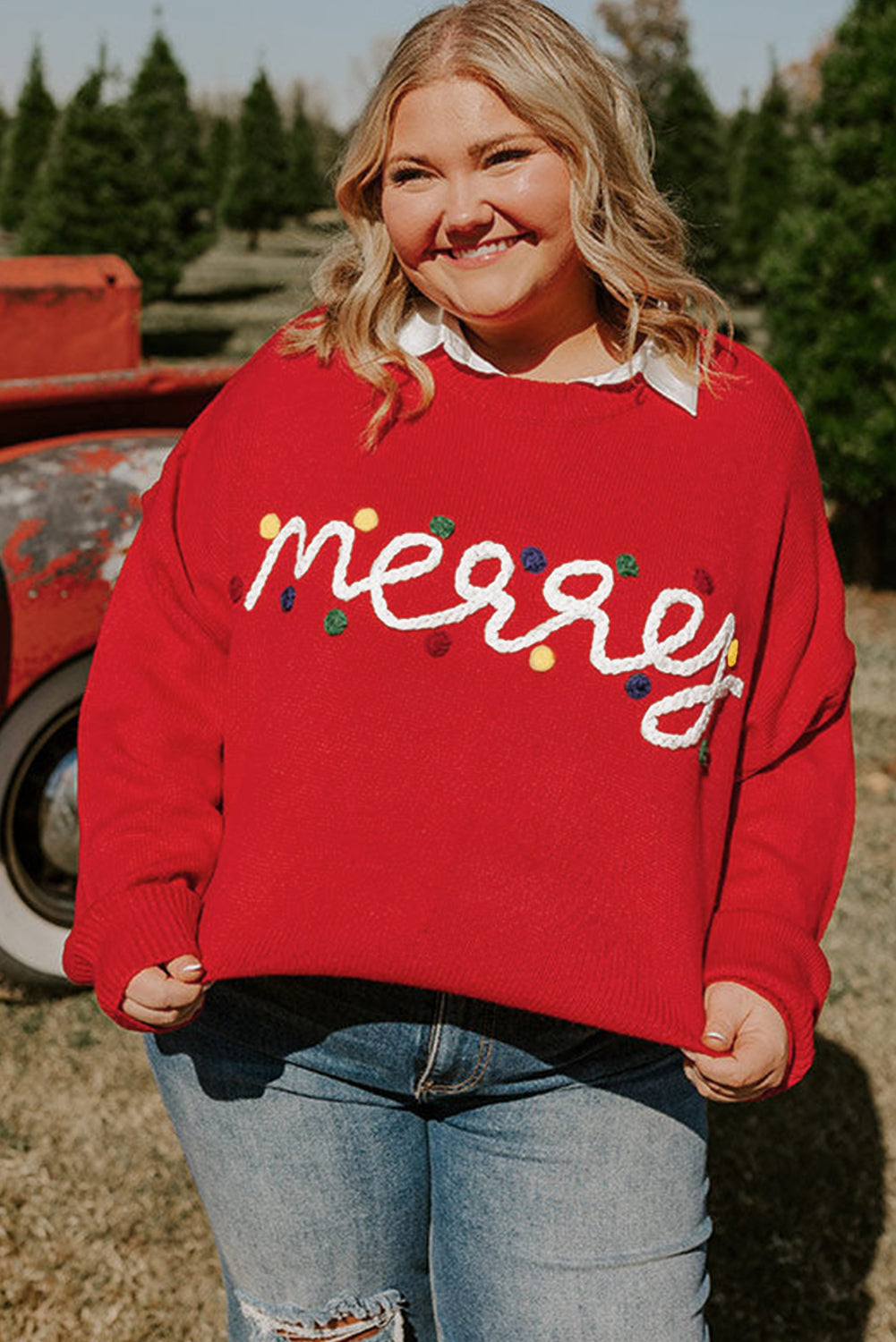 Fiery Red Merry Graphic Christmas Plus Size Sweater - Bagged Store