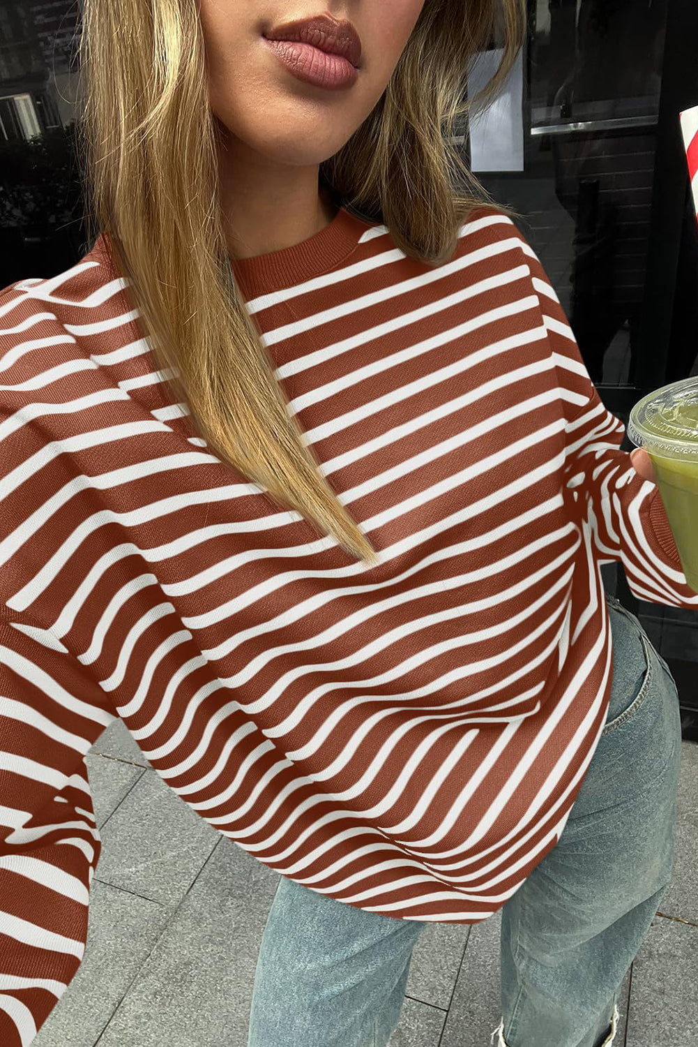 Coffee Striped Long Sleeve Round Neck Loose Top - Bagged Store