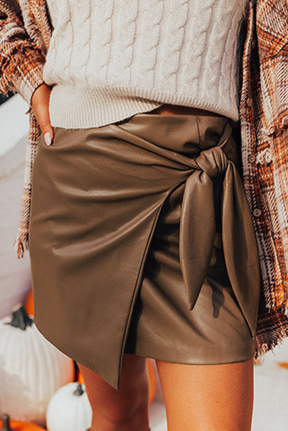 Coffee Bowknot Faux Leather Mini Skirt - Bagged Store