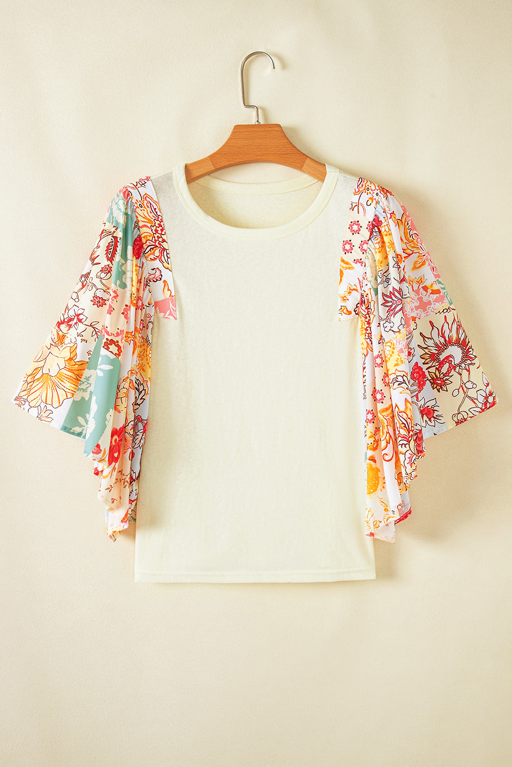 Beige Floral Patchwork Half Batwing Sleeve Blouse - Bagged Store