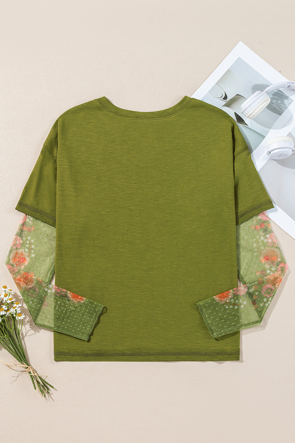 Fern Green Faux Two Piece Floral Long Sleeve Patchwork Tee - Bagged Store