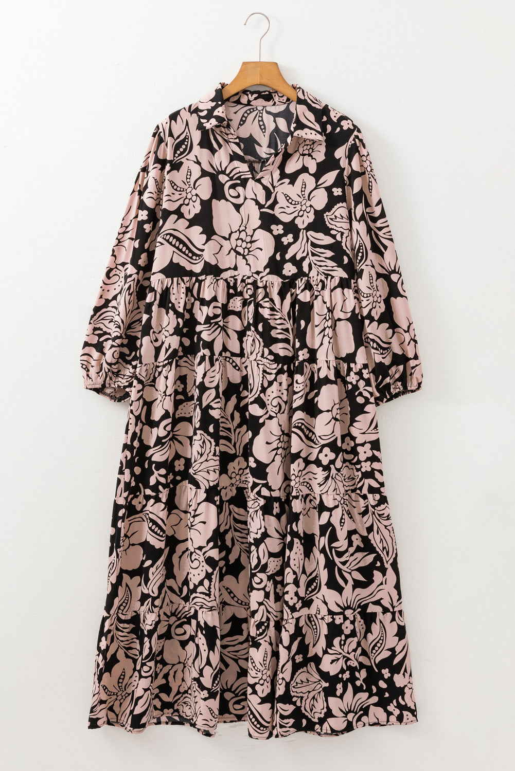 Black Plus Size Floral Printed Puff Sleeve Collared Maxi Dress - Bagged Store