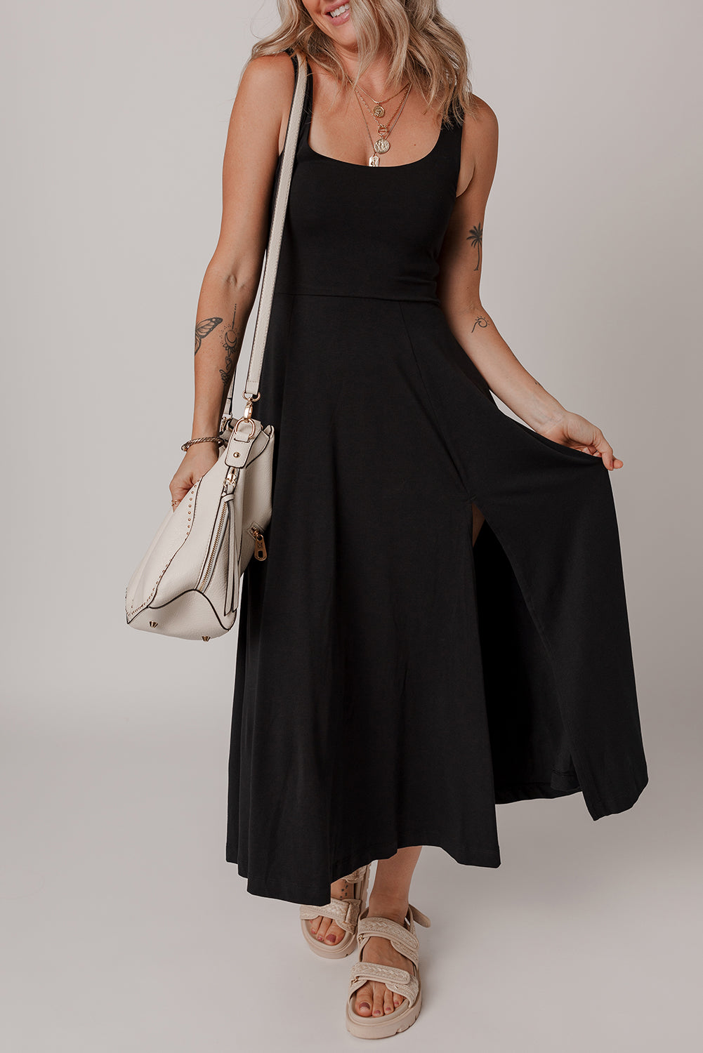 Black Sleeveless Scoop Neck Flared Split Midi Dress - Bagged Store