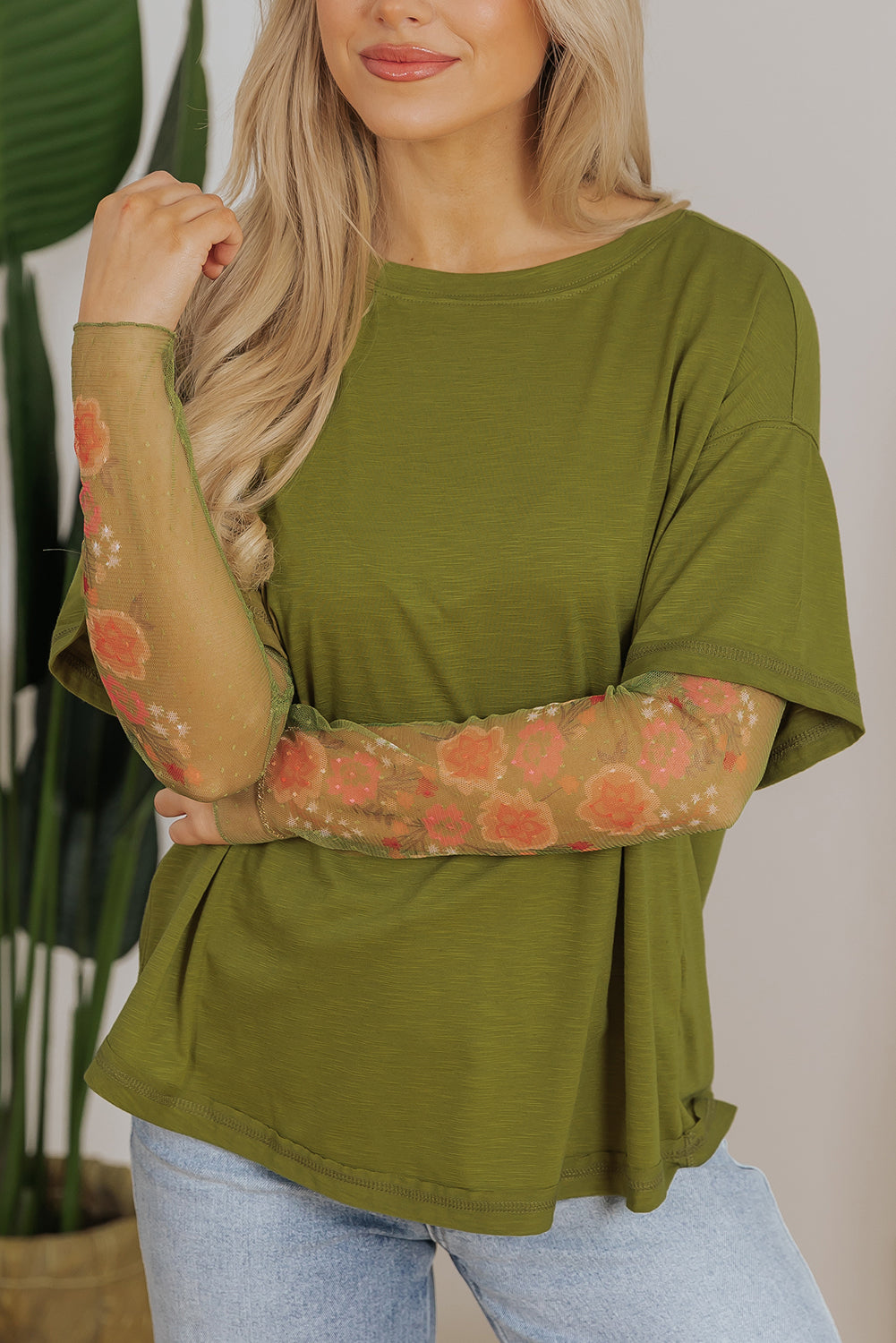 Fern Green Faux Two Piece Floral Long Sleeve Patchwork Tee - Bagged Store