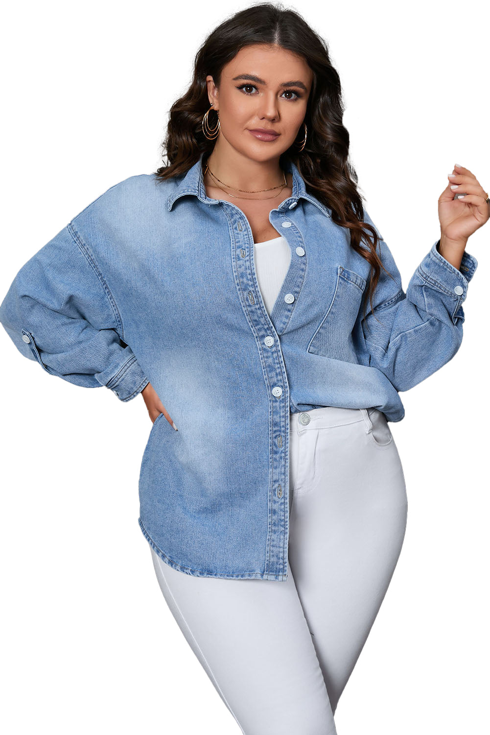 Sky Blue Plus Size Chest Pocket Button-Up Denim Shacket - Bagged Store