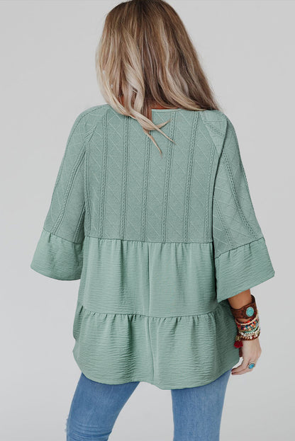 Laurel Green Tie Split Neck Textured Ruffle Patchwork Blouse - Bagged Store