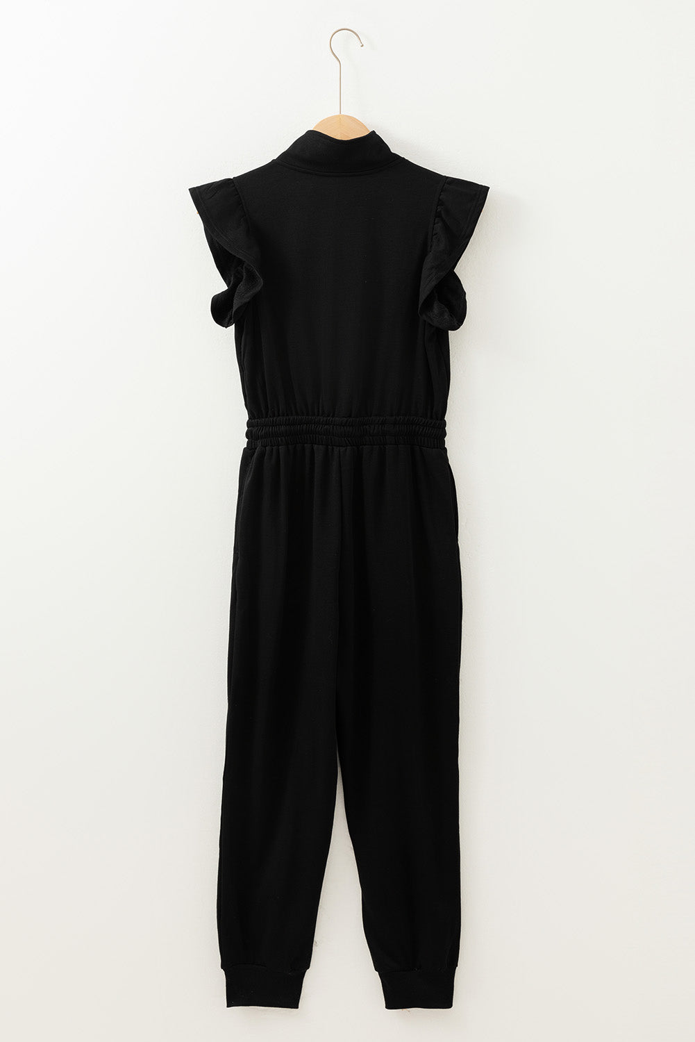 Black Zipper Flutter Sleeve Drawstring High Waist Jumpsuit - Bagged Store